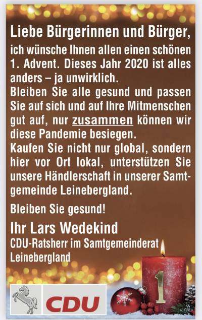 Anzeige aus der LDZ vom 28.11.2020 von Ratsherrn Lars Wedekind.