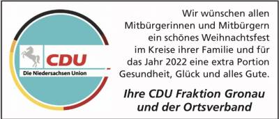 CDU-Stadtratsfraktion und der CDU Ortsverband Gronau (Leine) w�nschen fr�hliche Weihnachten und alles Gute f�r das neue Jahr 2022 !!! 