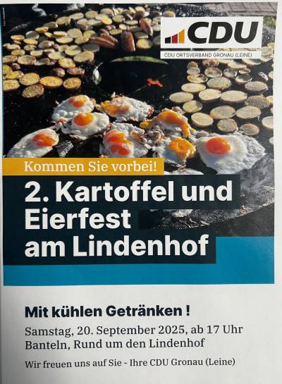 Termin vormerken - 20.09.2025 ab 17.00 Uhr das 2. Kartoffel und Eierfest der CDU Gronau (Leine) ! 
