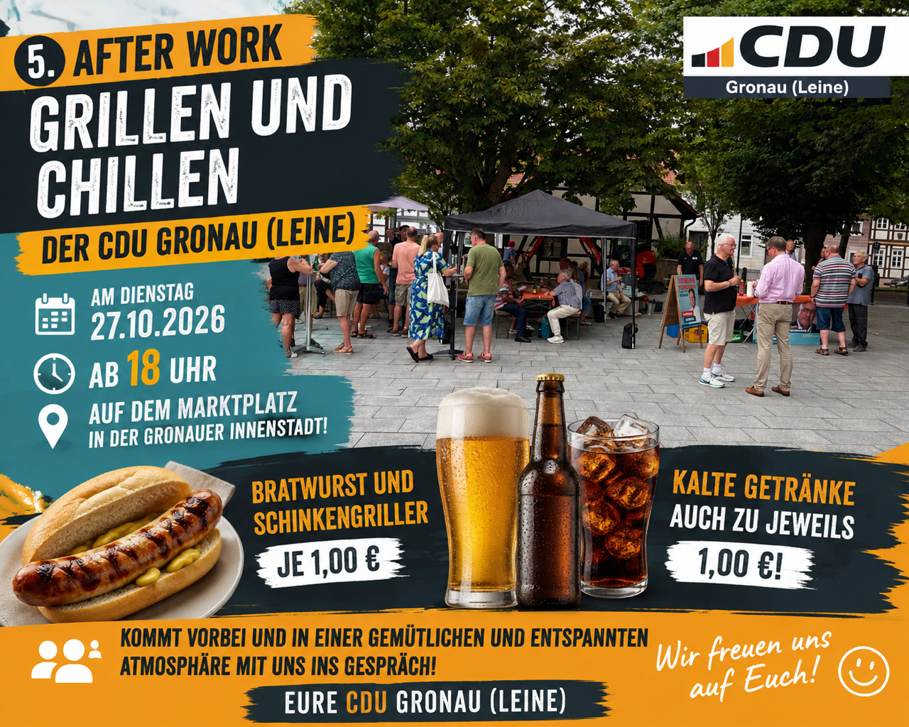 Bereits zum 5. Mal laden die Gronauer Christdemokraten zum After-Work Grillen & Chillen ein. 